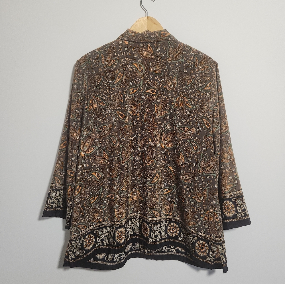 Sag Harbor Button Up Blouse Brown Paisley Border Print Padded Shoulder XL - Picture 6 of 8